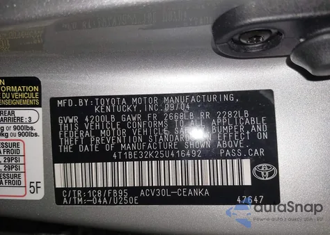 2005 Toyota Camry Le из США, поврежденный, VIN 4T1BE32K25U416492